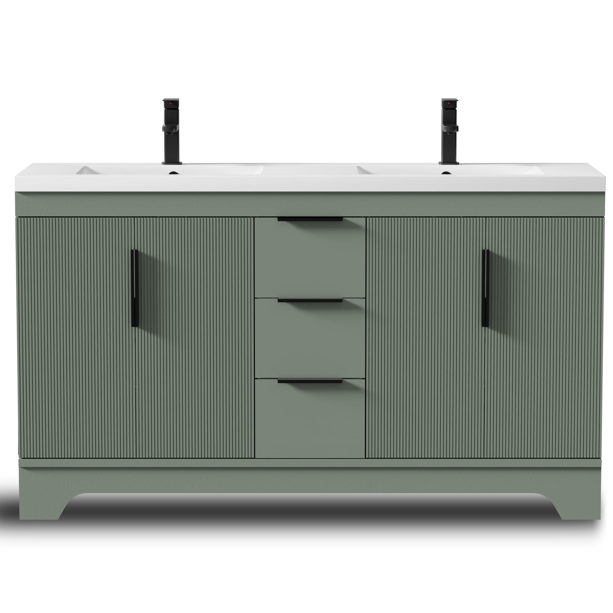 Eclife 60-inch Double Sink Bathroom Vanity with Integrated Tops, Soft-Close Hinges, Fluted Door Design, Mid-Century Modern