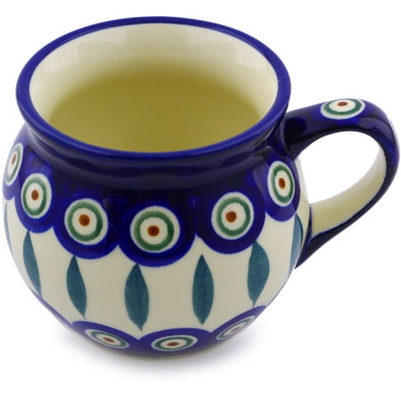 Hull Pottery - Polish Pottery 6 oz Bubble Mug (Peacock Leaves Theme) Hand Painted in Boleslawiec, Poland + Certificate of Authenticity