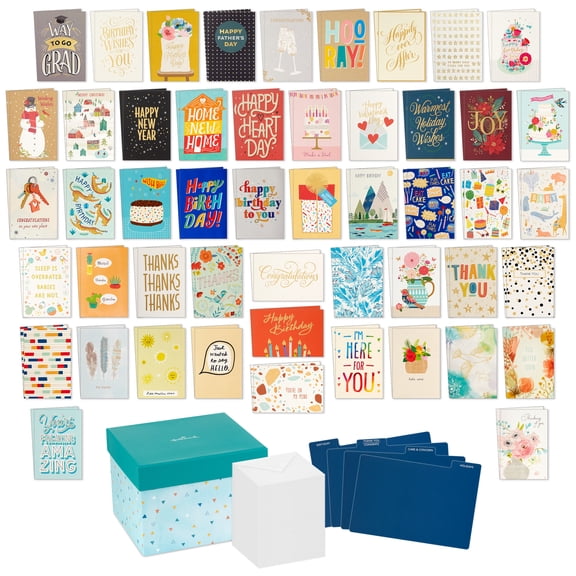 Hallmark Assorted Boxed All Occasion Blank Greeting Cards—Birthday, Thank You, Congratulations, Wedding, Baby, Thinking of You, Sympathy, Pack of 100 With Card Organizer Box