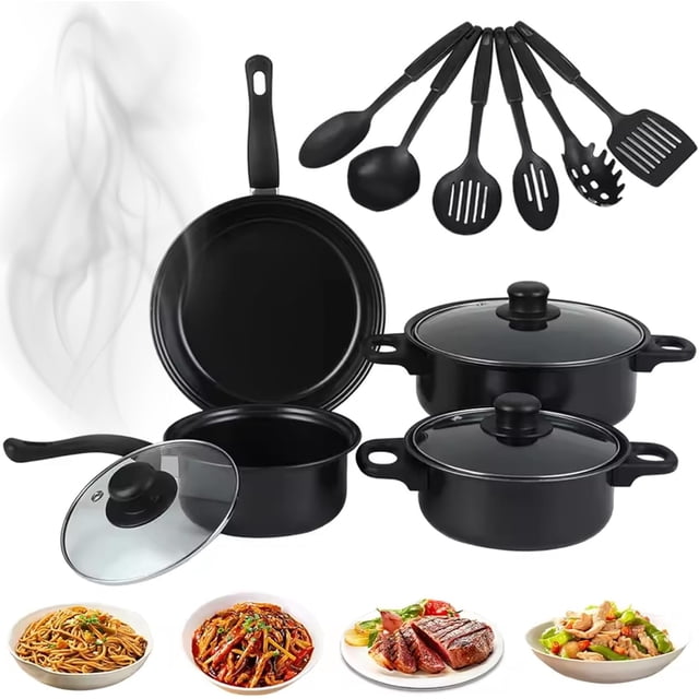 Juego de ollas y sartenes antiadherentes Juego de utensilios cocina 13 piezas con sartenes, tapas cacerola, cuchara, espátula y accesorios para cocina casera, utensilios antia