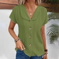 thumbnail image 2 of Hot days, bold styles Olyvenn Womens Linen Shirts 2025 Summer Casual Button Down Lapel V Neck Roll Up Short Sleeve Tops Comfy Trendy Business Work Blouse Green XXL, 2 of 6