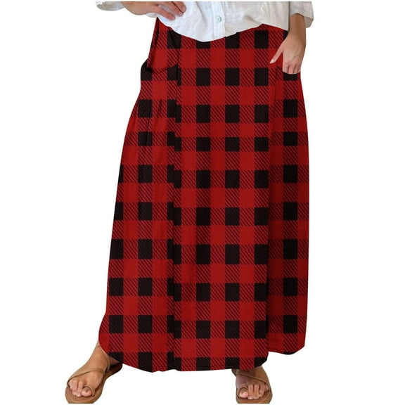 yillto Womens Cotton Linen Skirts High Waist Flowy Summer Beach Boho Plaid Skirt with Pockets