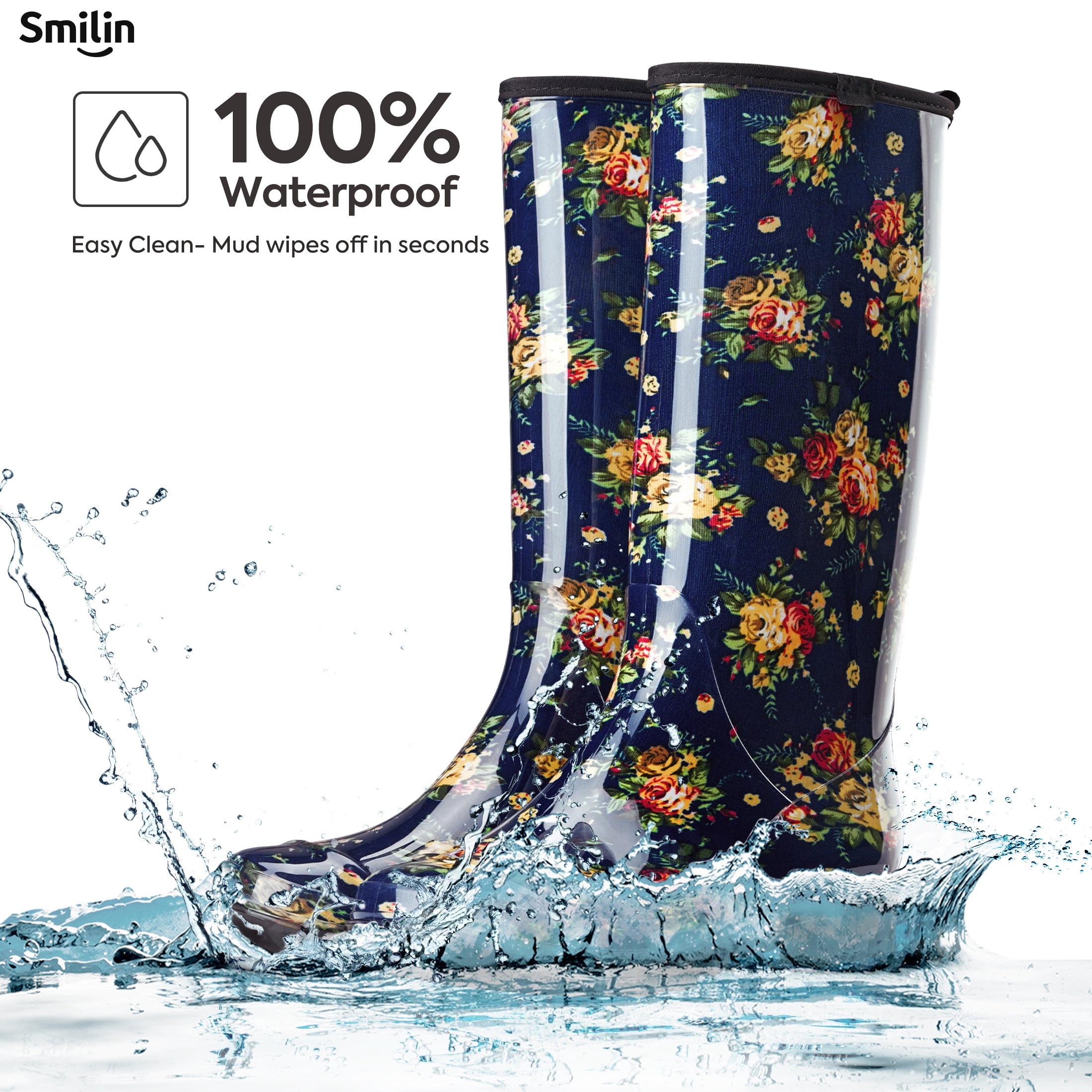 SMILIN Colorful Rain Boots for Women,Mid-Calf Waterproof Anti-Slip Slim Calf Garden Shoes,Navy Floral,US Size 10
