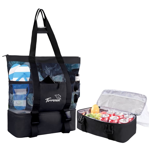 Tirrinia Mesh Beach Bag with Cooler Compartment, Extra Large Totes for Beach Travel, Functional Fashion Beach Bag for Women, Unique Gifts for Mom