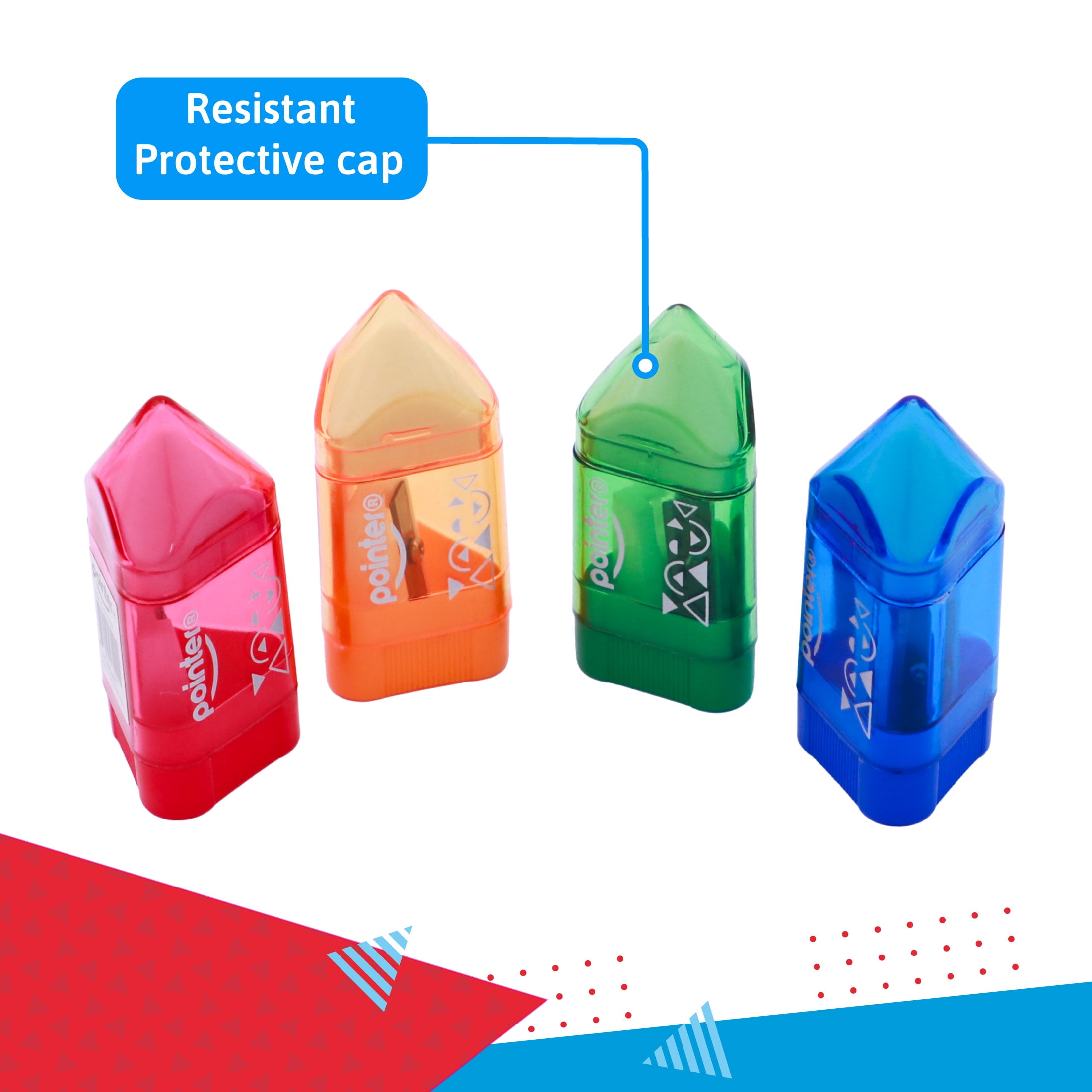 Pointer Handheld Manual Pencil Sharpeners, Rocket‑Shaped, Single‑Hole, 2‑in‑1 Eraser and Container, Assorted Colors, 24 Count, 1 pack