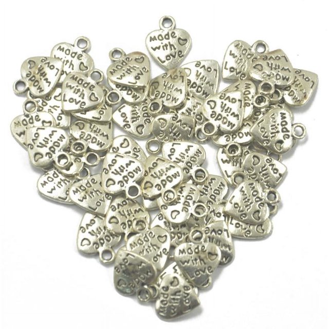 50 dijes de corazón de plata tibetana hechos con amor, color plata, colgantes artesanales