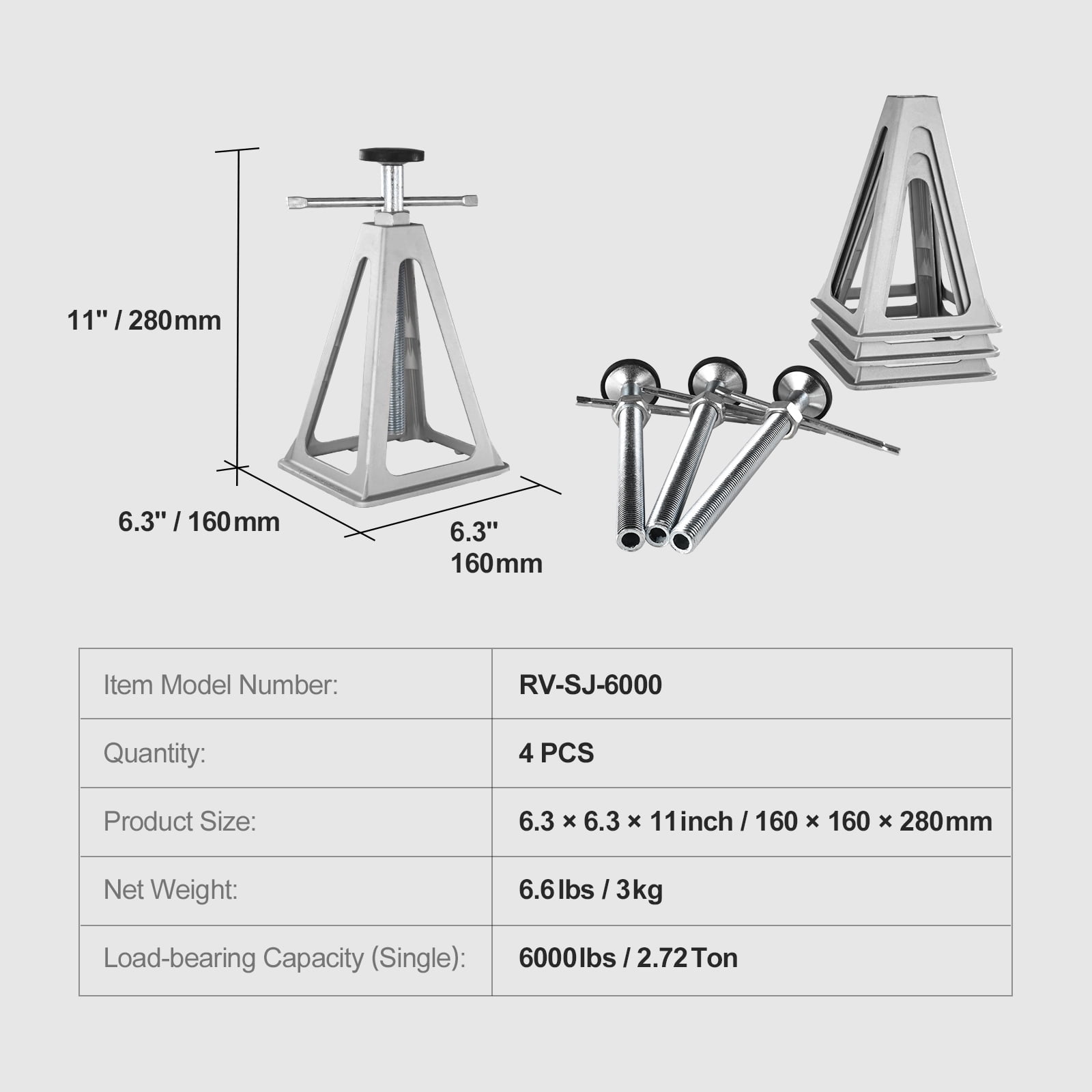 KFFKFF RV Stabilizer Jacks, 4-Pack, Crafted from Aluminum, Ideal for Camper Trailers, Single Screw Jack with Load Bearing of 6000 Lbs, Adjustable Height from 11 to 17 inches
