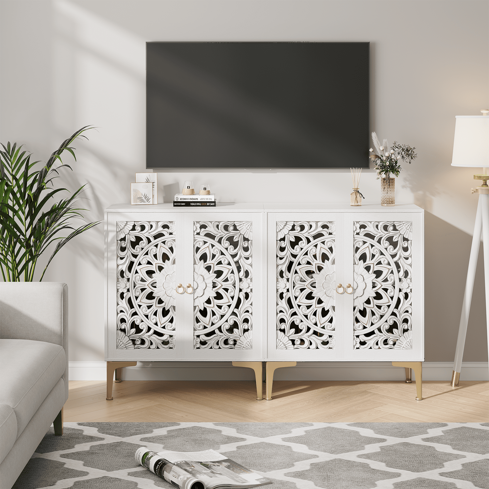 JOINICE Accent Storage Cabinet with Doors,Small Sideboard Buffet Cabinet,31.5" W,for Living Room,Entryway,Dining Room,Carved,White