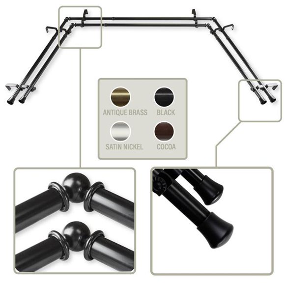 Central Design AWID-Bay-12 0.8125 in. Double Bay Curtain Rod with Side Rod Extends Upto 20 to 36 in. & Center Rod Extends Upto 38 to 72 in., Black