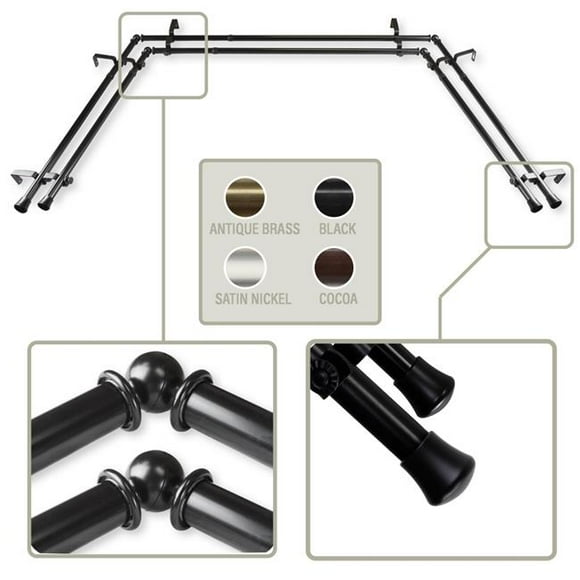 Central Design AWID-Bay-12 0.8125 in. Double Bay Curtain Rod with Side Rod Extends Upto 20 to 36 in. & Center Rod Extends Upto 38 to 72 in., Black