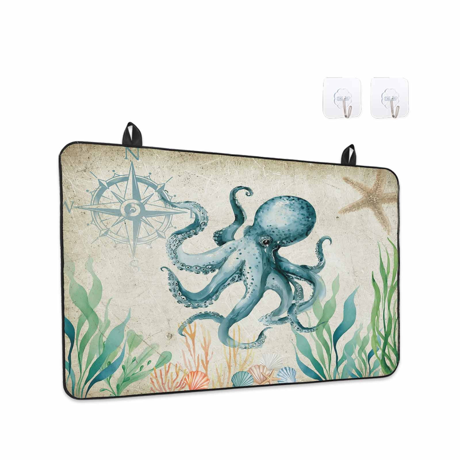 Octopus Coastal Stove Top Cover for Electric Stove, Heat-proof & Non Slip Glass Top Stove Cover Protector, Vintage Nautical Ocean Starfish Compass Kitchen Flat Cooktop Rubber Mat 24x21 Inches