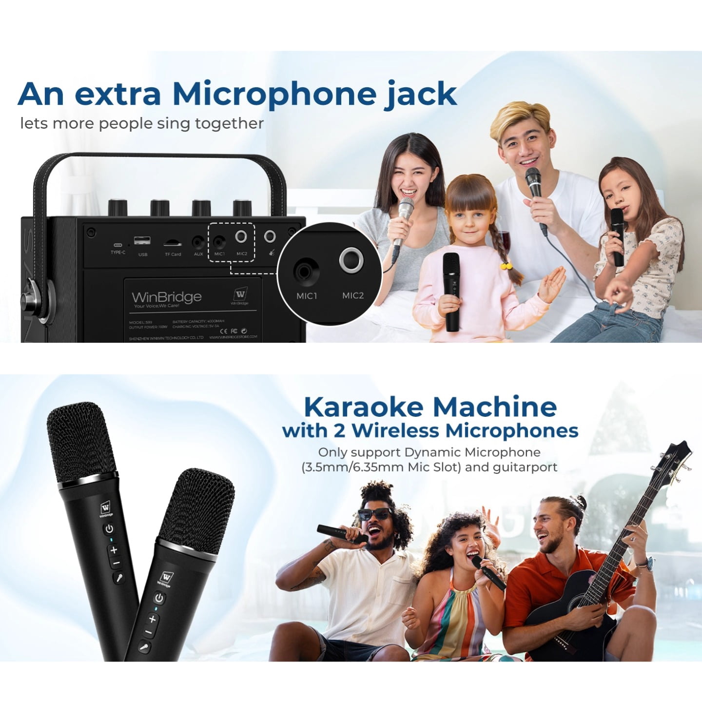 HW HAOWORKS Portable PA System & Karaoke Machine with 2 Wireless Mics, 100W Powerful Pro Sound Bluetooth Party Speaker, Support USB/TF/AUX/Guitar for Outdoor/Home Events - S99