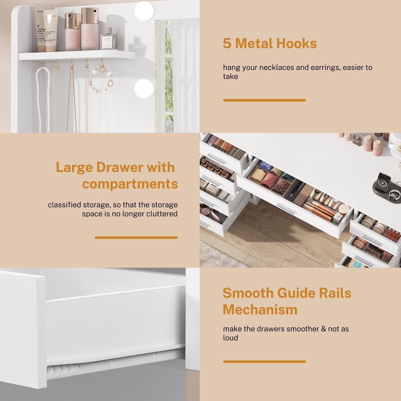 TEENFON Large Vanity Set with Mirror & Power Outlet, Makeup Vanity Desk with 9 Drawers,4 Shelves and 5 Hooks,Vanity Table for Bedroom, White