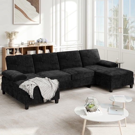 Walsunny U-Shaped Sectional Sofa Couch, 4 Seat U Shaped Oversized Clearance Sofa Set with Double Chaise for Living Room, Black