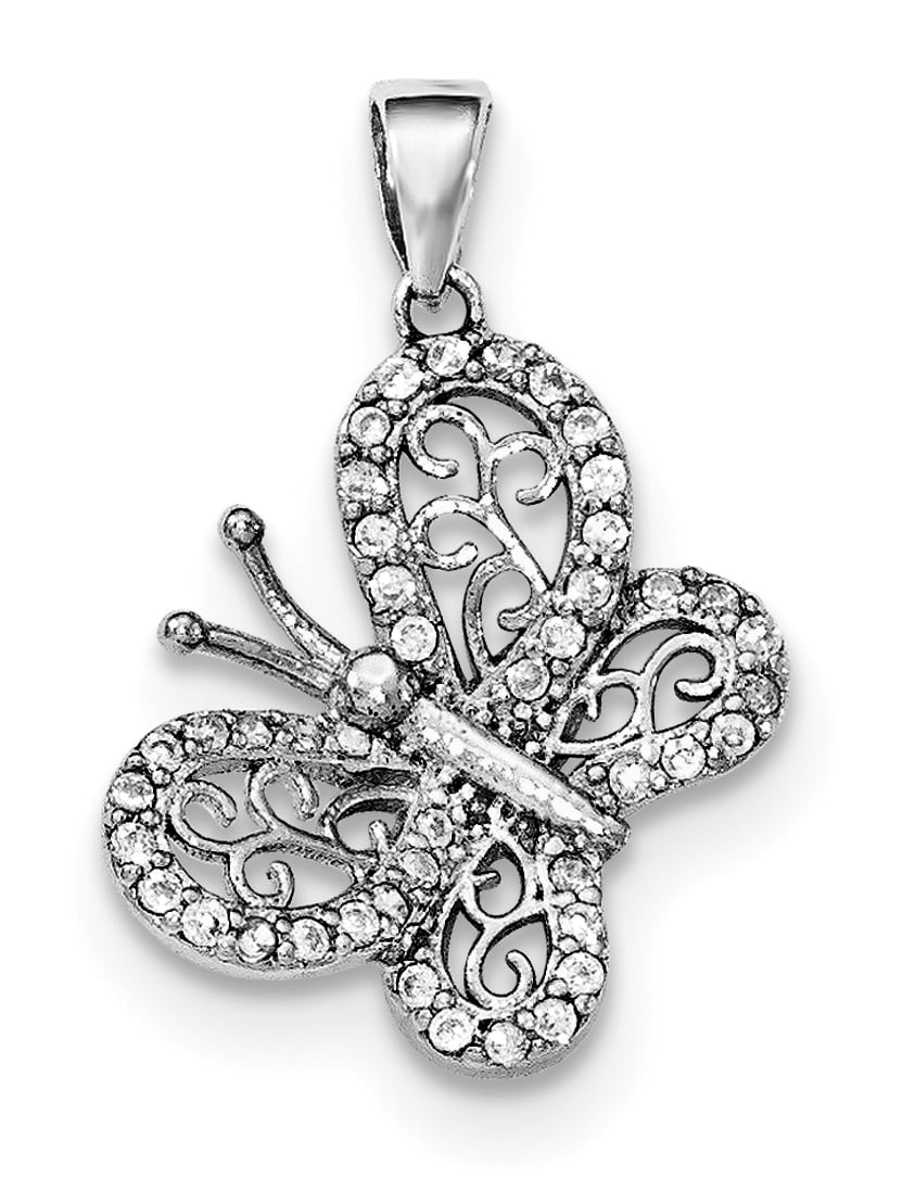 925 Sterling Silver Rhodium-plated Polished & Brushed Finish Butterfly Charm Pendant