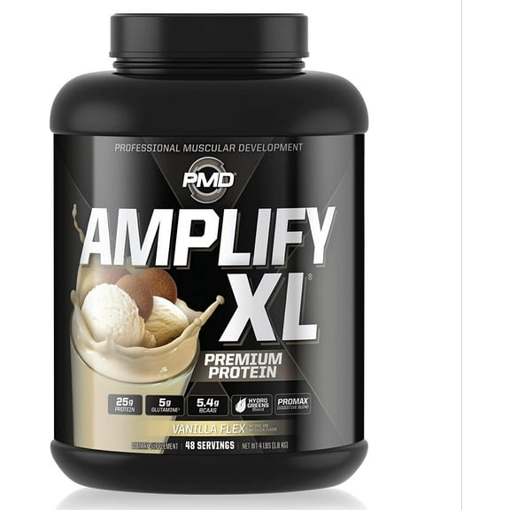 PMD Sports Amplify XL Premium Whey Protein Supplement Hydro Greens Blend - Glutamine and Whey Protein Matrix with Superfood for Muscle, Strength and Recovery - Vanilla Flex (48 Servings)