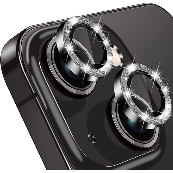 for iPhone 13 Mini & iPhone 13 Camera Lens Protector, Bling Glitter 9H Tempered Glass Camera Cover Anti Scratch Shockproof Screen Protector Individual Ring - 2Pcs Glitter Black