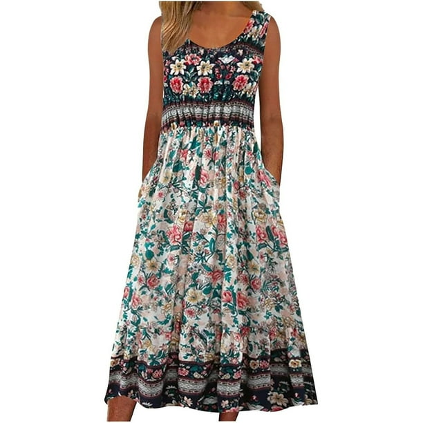 WILLBEST Vestidos de Verano para Mujer Vestido Informal Estampado sin Mangas con Cuello Redondo y Bolsillos Vestido Informal Suelto Extra Grande