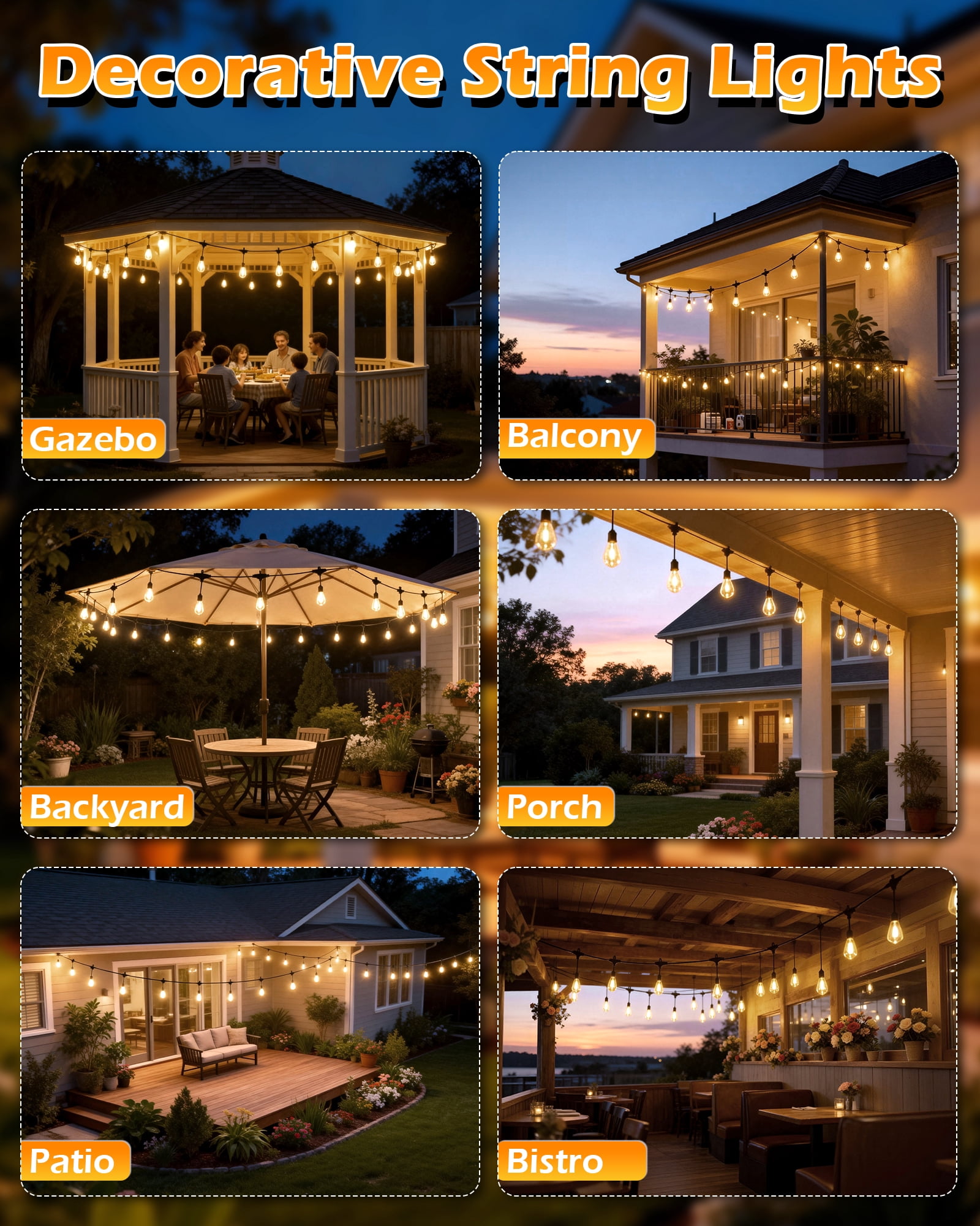 BeatiNeon Outdoor String Lights, 48 Feet S14 LED Patio Lights with 16 Edison Plastic Bulbs(1 Spare), Waterproof Connectable Hanging Lights for Backyard Porch Balcony Party Decor,E26 Socket Base