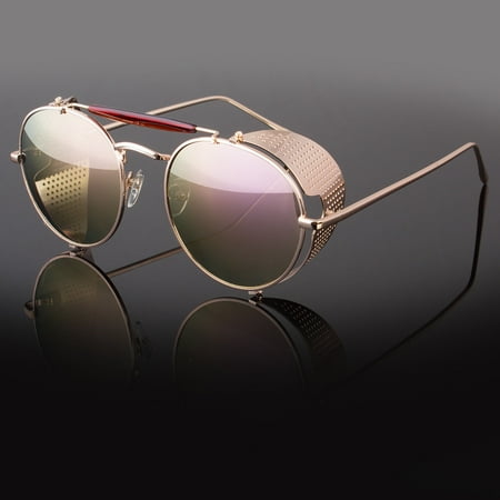 Round Shield Sunglasses - Mens Gold Vintage Retro Steampunk Gothic Side Shield Hipster Round Sunglasses