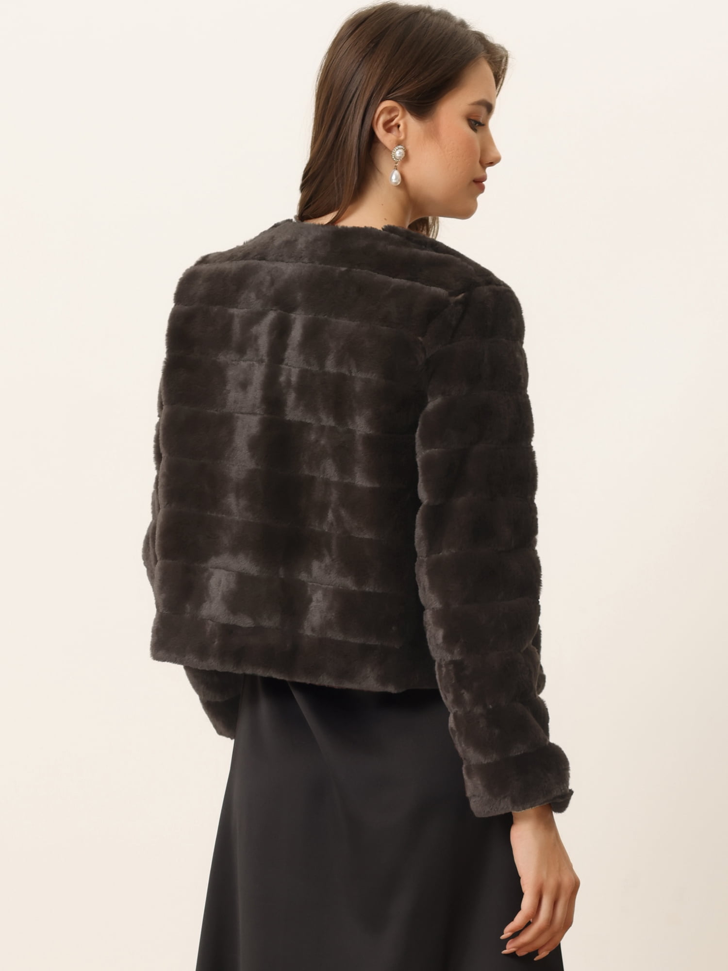 DARING DIVA Women's Long Sleeve Collarless Shaggy Soft Faux Fur Coat L Dark Brown