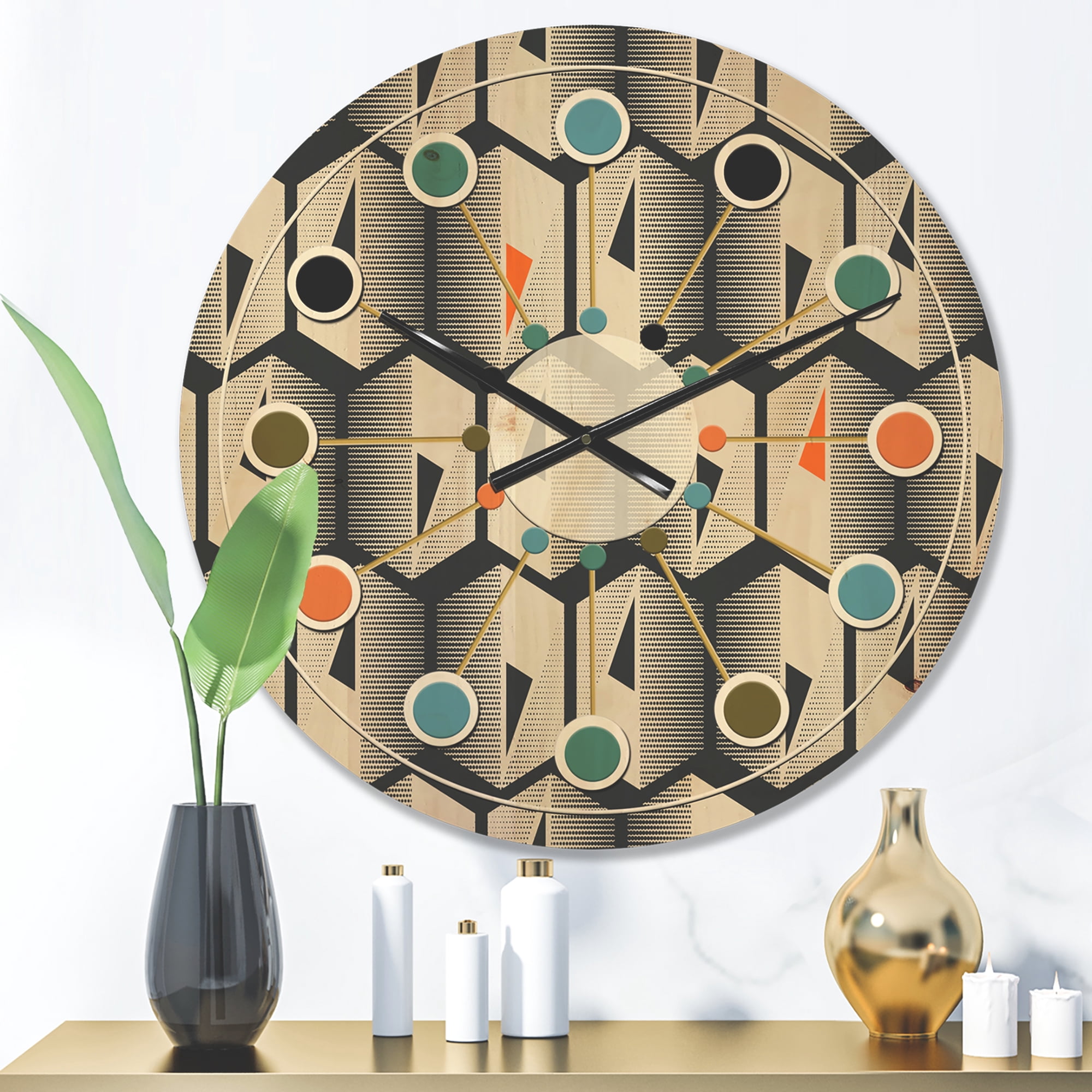 Designart 'Abstract Retro Triangular Geometrics Pattern' Mid-Century Modern Wood Wall Clock