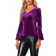 thumbnail image 4 of INSPIRE CHIC Women's Christmas V Neck Velvet Blouse Halloween Party Flare Long Sleeve Peplum Top XS Purple, 4 of 6
