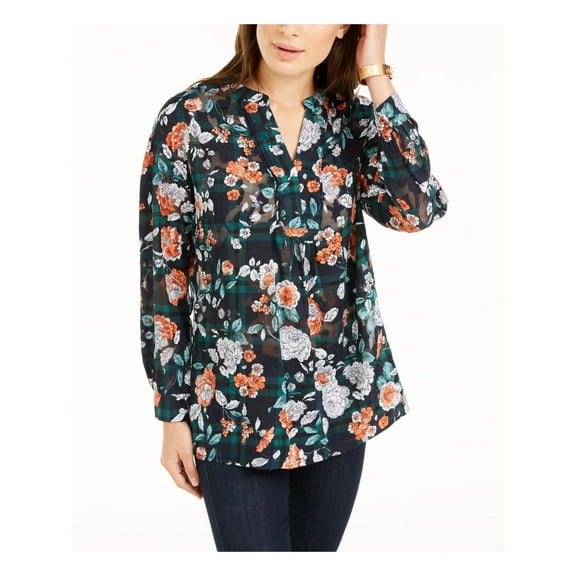 Tommy Hilfiger Womens Floral Print Split Neck Blouse Navy XS