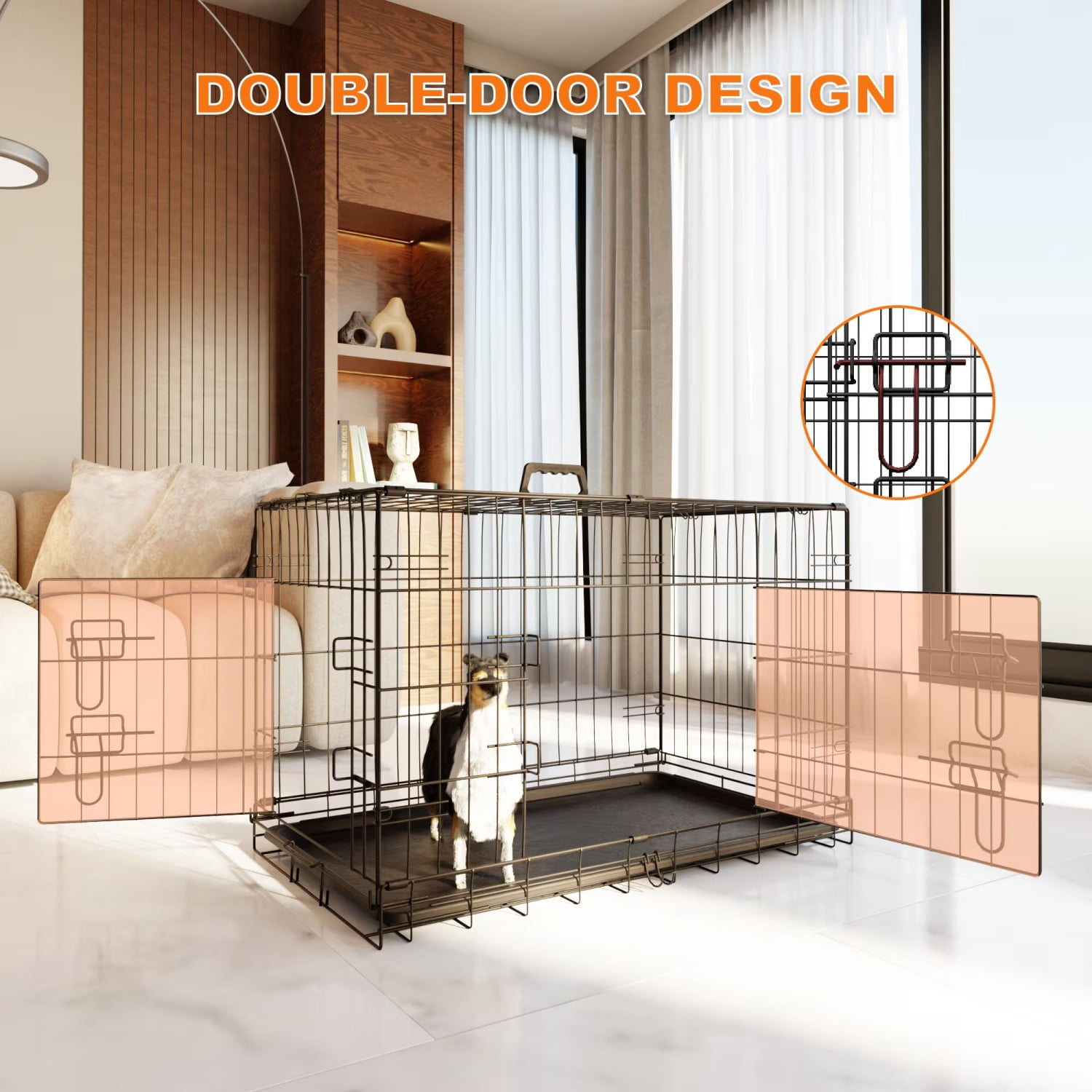 42" Large Dog Crate, Large Folding Metal Wire Dog Cage with Divider & Leak-Proof Tray, Double Door Pet Crate for Indoor Outdoor Travel, Black