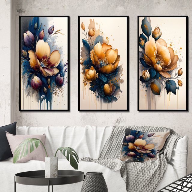 Designart "Scarlet Crocus Blossoms III" Floral & Botanical Framed Wall Art Set Of 3 - Blue Crocus Frame Gallery Set For Office Decor