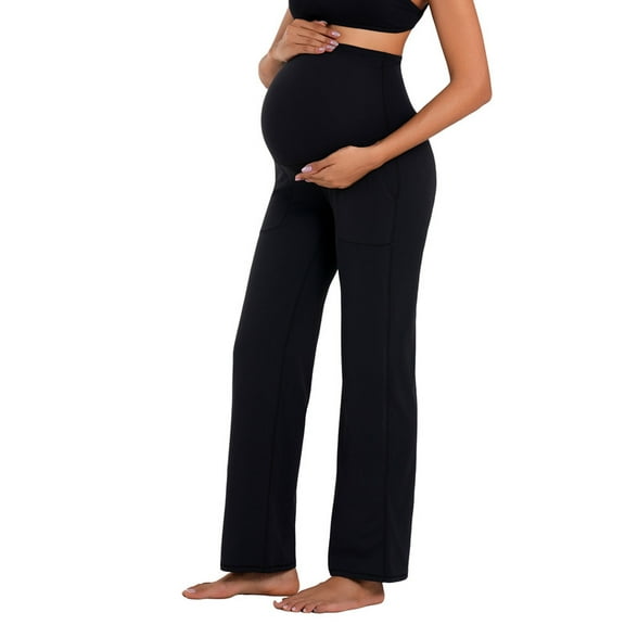 Funidos Maternity Pants Over The Belly Yoga Dress Work Pregnancy Pants Stretchy Lounge Wide Leg Trousers with Pockets