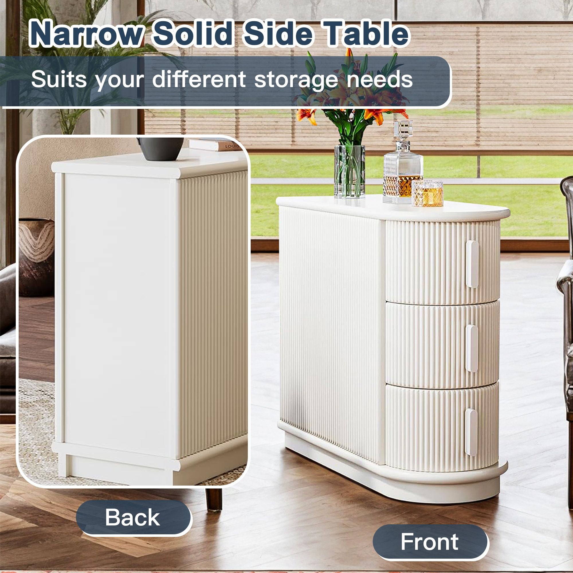 Demi Bonn Narrow Side Table with 3 Drawers, Wood Side End Table, Nightstand and Bedside Table with Storage, for Small Spaces, White