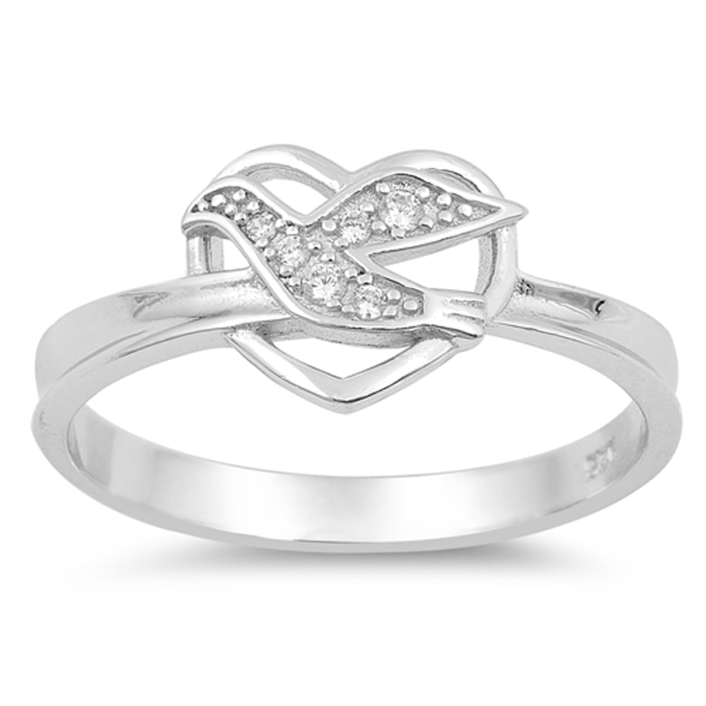 Sac Silver Clear Cz Holy Christian Dove Heart Promise Ring Sterling