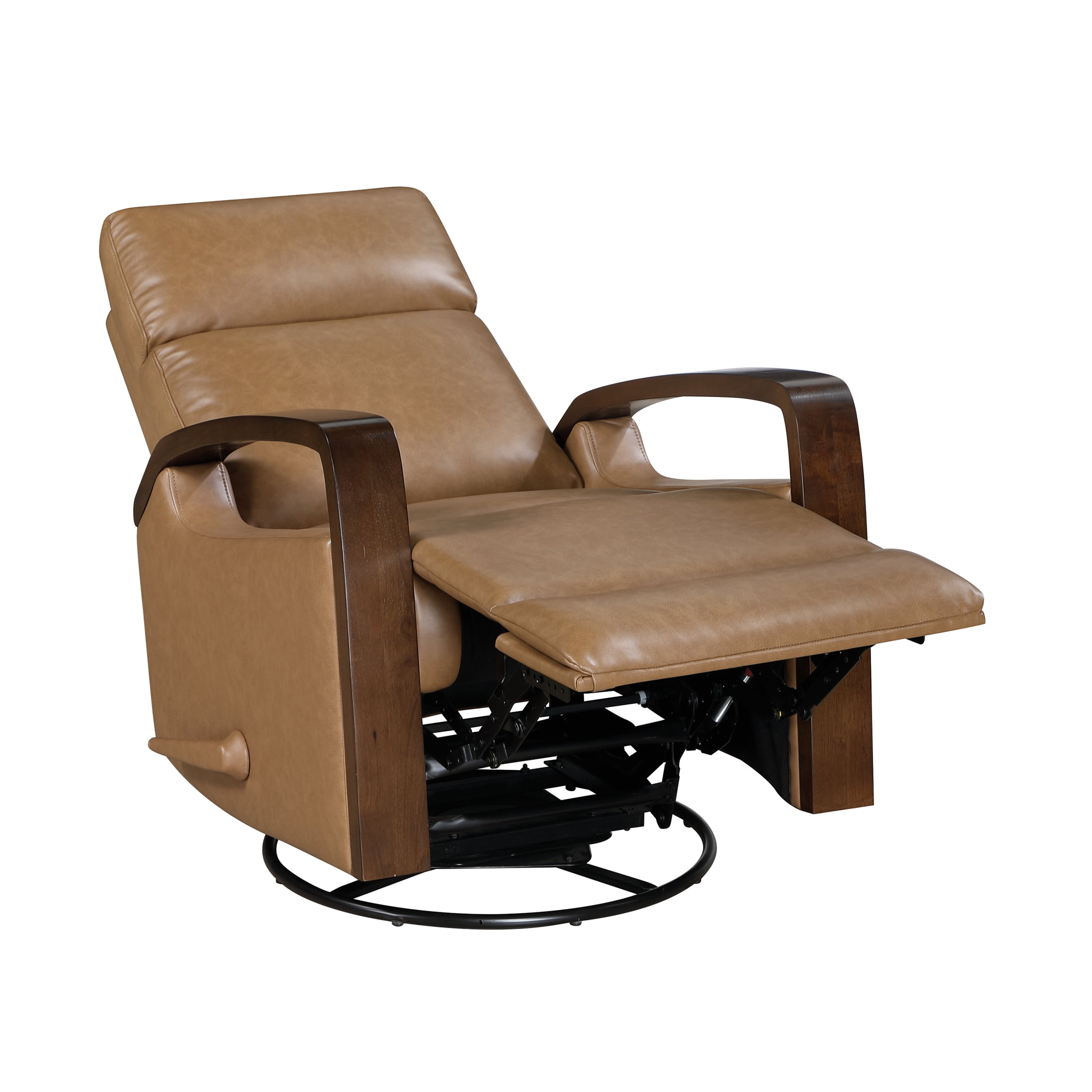 OakvillePark Vexa Faux Leather Swivel Glider Reclining Chair with Wooded Arms, Camel