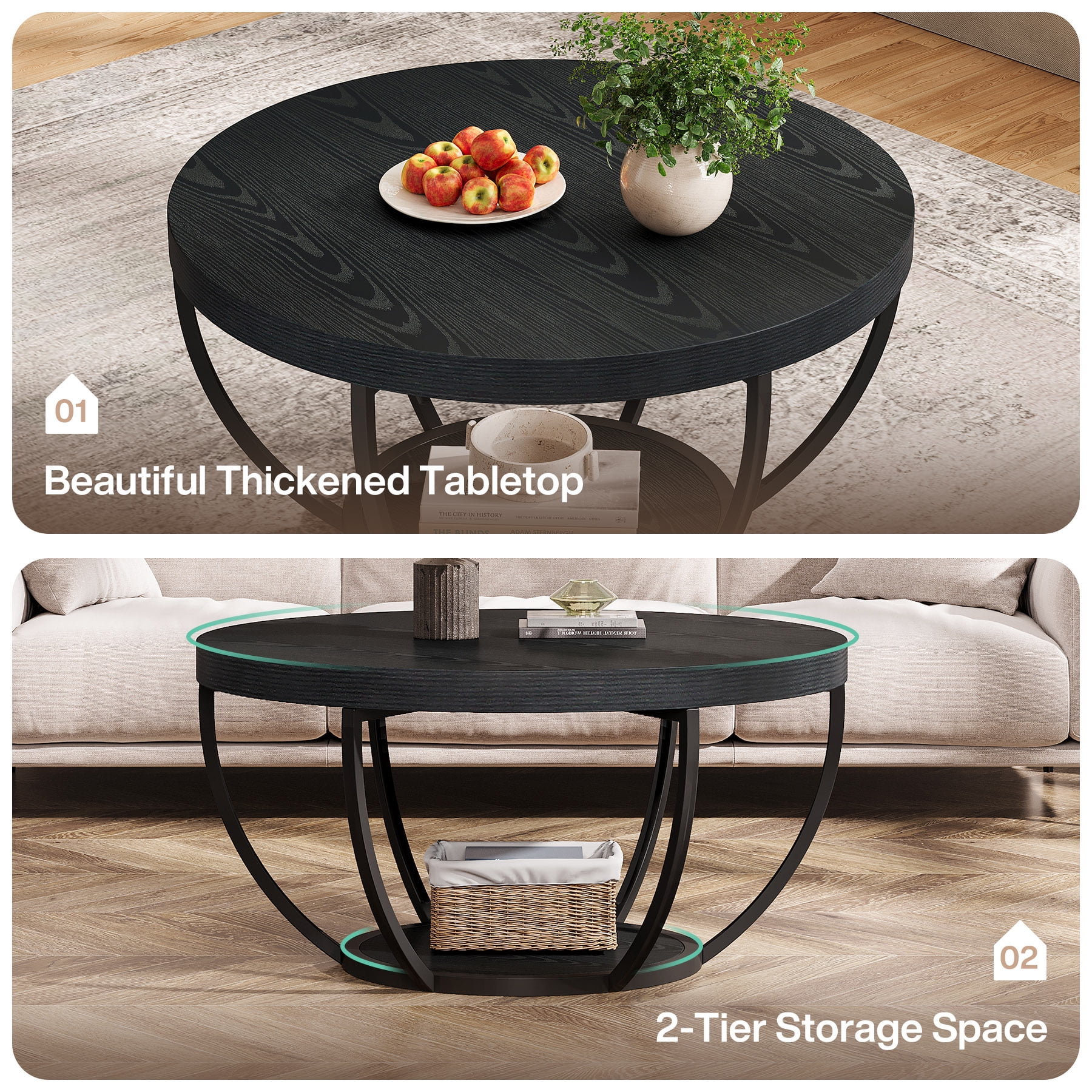 Fnova Coffee Table with 2 - Tier Storage, 32" Round Wood Coffee Table with Metal Legs, Modern Rustic Style Center Table for Living Room, Dark Black