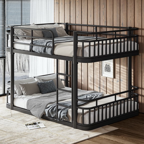 Leumius Full over Full Bunk Bed Frame with Ladders & Guardrails, Upgraded Round-Pipe Metal Frame, Stylish & Versatile for Any Room,Black
