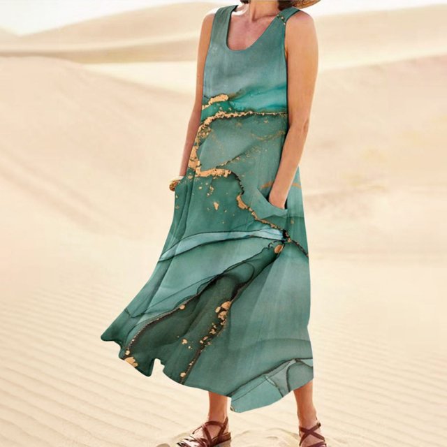 WILLBEST Robe Évasée Femme Imprimée Col Rond Poches Décontractée Longue Robe Quotidienne Débardeur