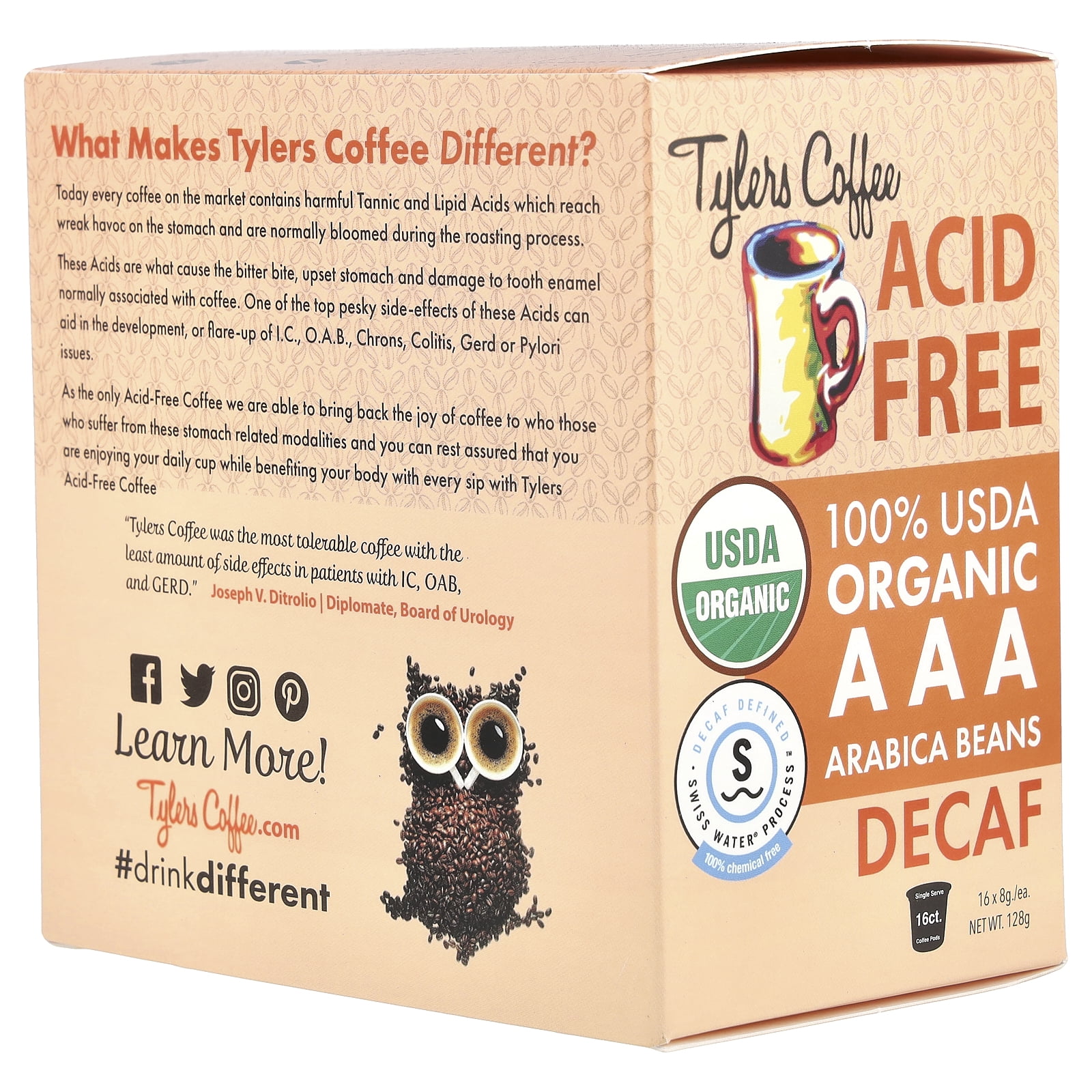 Tylers Coffees Acid-Free Organic Decaf 16 ct. Single Serve Cups