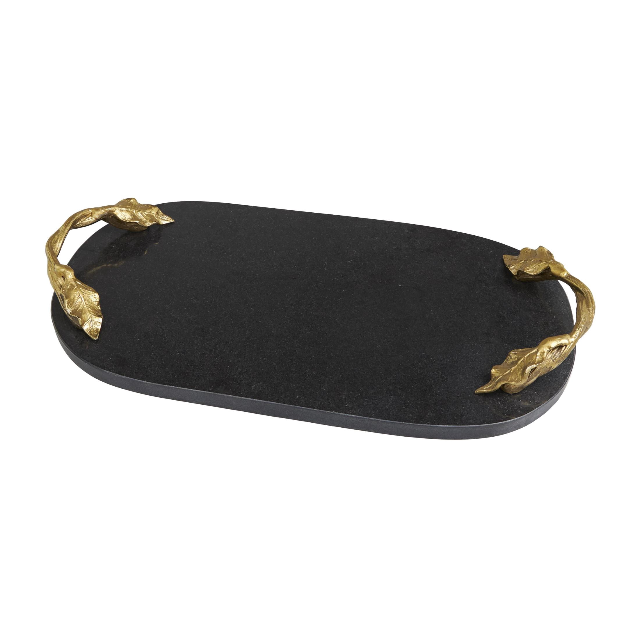 DecMode 19" x 10" Black Marble Oval Leaf Tray with Gold Twisted Metal Handles, 1-Piece