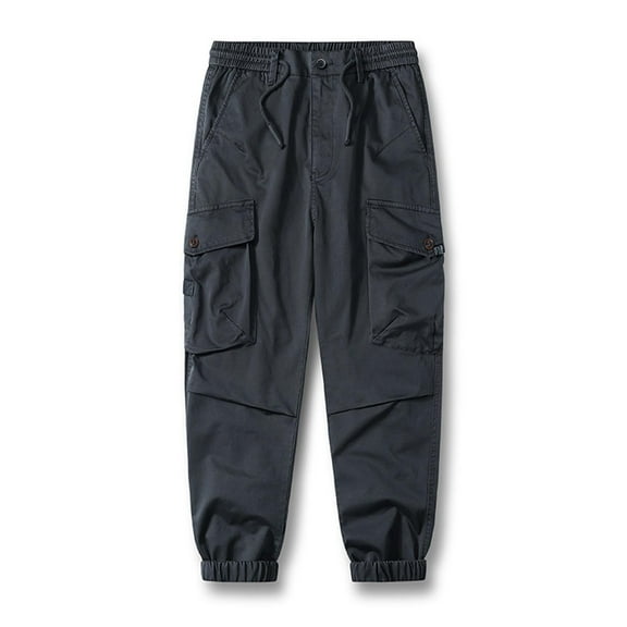 COSFO Full Mens Tactical Pants Taper Gray Carpenter Workwear Drawstring Elastic Waist Solid Men Pants