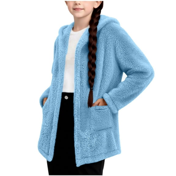 dazeni Girls Fuzzy Sherpa Cardigan Coat Full Zip Hoodie Fleece Open Front Jacket with Pockets Loose Casual Fall Winter Outwear Furry Soft Sweatshirt Blue 7 Years