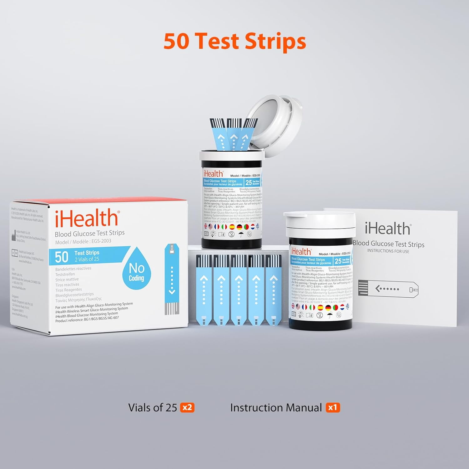 iHealth Blood Glucose Test Strips (50 Count), No Coding Blood Sugar Test, Eligible for FSA Reimbursement, Precision Sugar Measurement for Diabetics, Strips Work Only in iHealth Glucose Meters