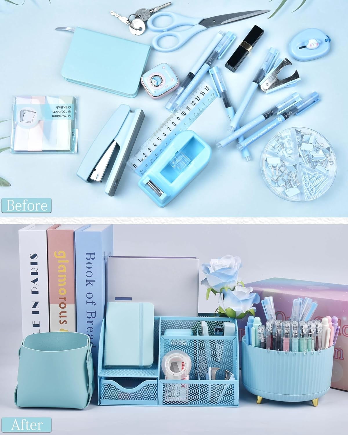 20Pcs Blue Desk Organizers and Accessories With Mesh Desk Organizer and 360°Rotating Pen Holder and a Lot of Office Blue Office Supplies Beautifully Presented in a Gift Box