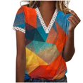 thumbnail image 2 of Hauts d'Été pour Femmes 2023 Mode Oversize Col en V Patchwork en Dentelle Manches Courtes Blouse Décontractée Chemises Col en V en Dentelle pour Femmes, 2 of 5