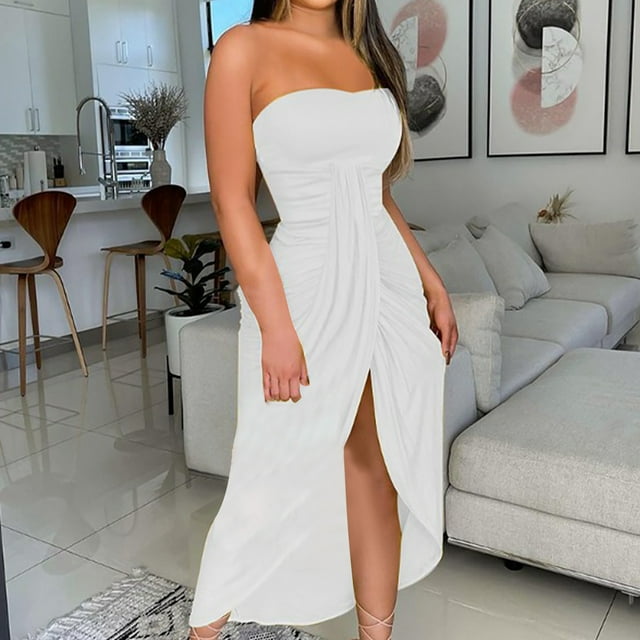 CEHVOM Robe Longue d'Été Unie Sans Bretelles pour Femme, Robe Fendue de Plage, Robe de Fête et de Boîte de Nuit