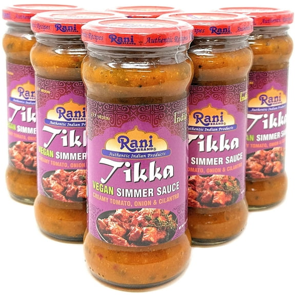 Rani Tikka Vegan Simmer Sauce (Creamy Tomato, Onion & Cilantro) 14oz (400g) Glass Jar, Pack of 5 1 FREE ~ Easy to Use | Vegan | No Colors | All Natural | NON-GMO | Gluten Free | Indian Origin