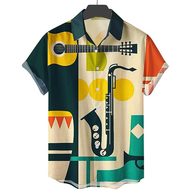 Camisas hawaianas con botones para hombre, blusas de playa de manga corta con estampado de instrumentos musicales, informales, 2022