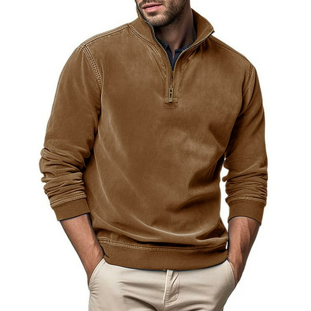 Blusa y camisa de manga larga con cuello alto para hombre, informal, de color liso, con cremallera, de poliéster