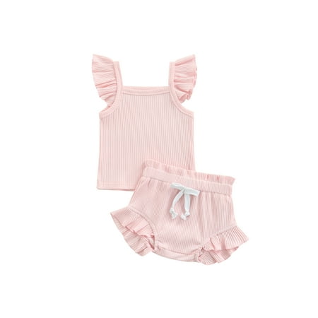 

TFFR 6Color 0-24M Newborn Girl 2Piece Outfits Solid Color Flying Sleeve Romper + Elastic Drawstring Short Pants