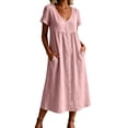 thumbnail image 3 of Horkkom Midi Dresses for Women V Neck Short Sleeve Solid Color Linen Dress Summer Loose Casual Dresses, S-2XL, 3 of 7
